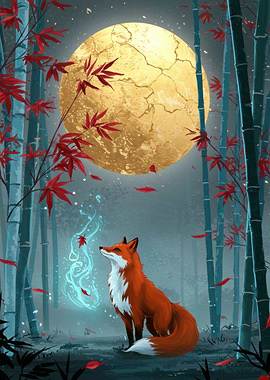 Fox and Moonlit Bamboo Forest