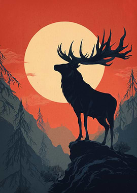 Elk Silhouette Against Sunset
