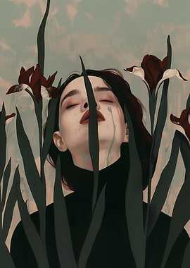 Woman with Flowers, Tears, and Serenity