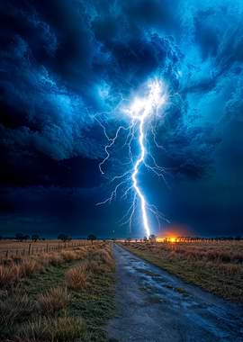 Dramatic Lightning Strike Over Rural Landscape