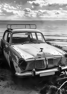 Vintage Car Wreckage on Beach
