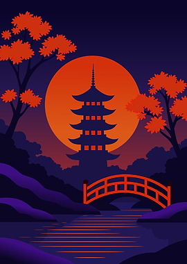 Japanese Pagoda with Bridge and Moon