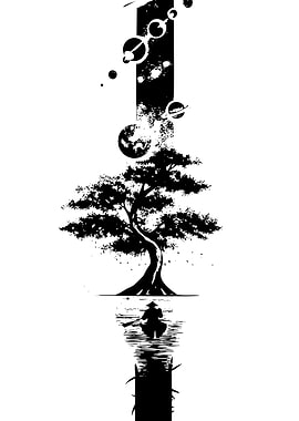 Tree, Planets, and Boatman Black and White