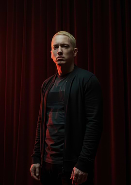 Eminem portrait with red curtain backdrop