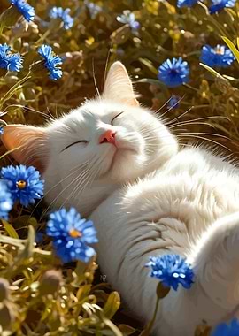 White Cat Sleeping in Blue Flowers