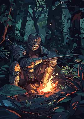 Knight by Campfire in Jungle