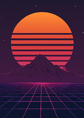 Retro Sunset Mountain Grid Landscape