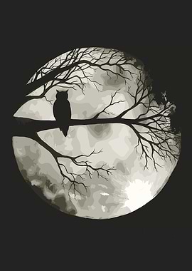 Owl on Branch with Full Moon