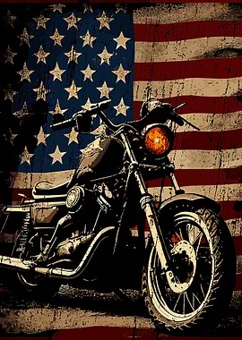 Motorcycle with American Flag Backdrop