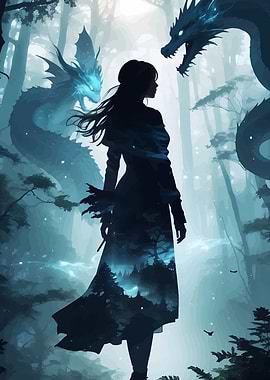 Woman and Dragons in Forest