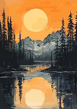 Lake Sunset Landscape Painting