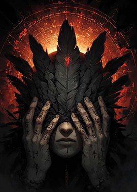 Mystic Figure with Feathers and Runes