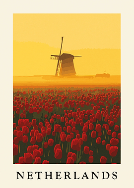 Netherlands Windmill and Tulips Art Print