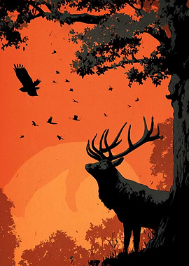 Deer and Birds Sunset
