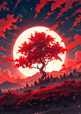 Red Tree Under a Full Moon
