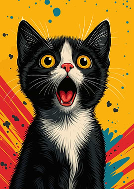 Surprised Black and White Cat Portrait