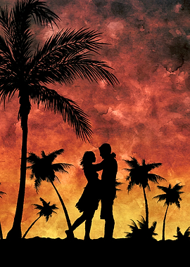 Romantic Sunset Silhouette with Palm Trees
