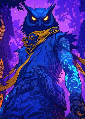 Cyberpunk Owl Warrior Cityscape