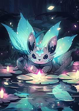 Luminous Fox Spirit on Lily Pond