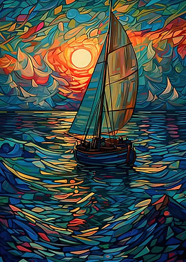 Sailboat at Sunset Stained Glass Style