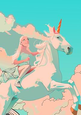 Girl riding a unicorn in the sky