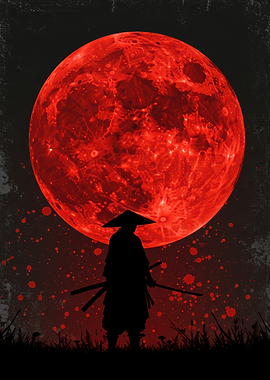 Samurai Silhouette Under Red Moon