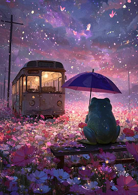 Frog with Umbrella in Flower Field