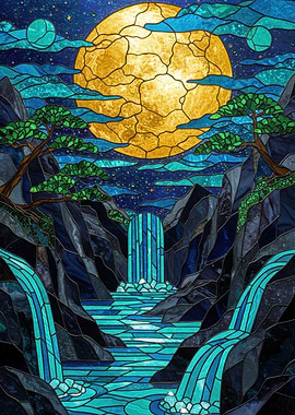 Stained Glass Waterfall Landscape