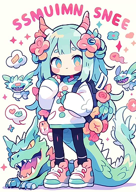 Anime Girl with Dragon and Flowers