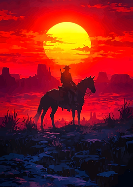 Cowboy on Horseback at Sunset