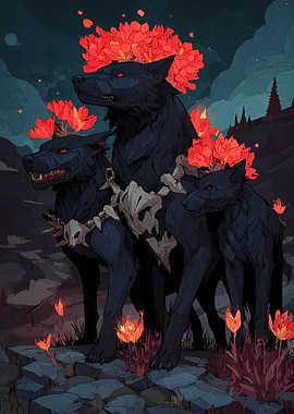 Three-Headed Dog with Red Flowers