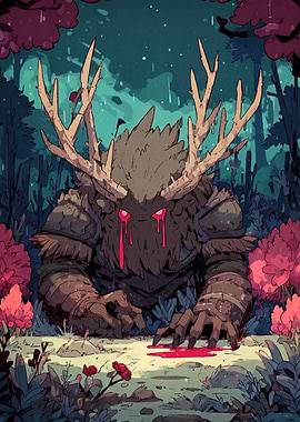 Forest Monster with Antlers and Red Eyes