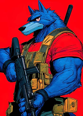 Anthropomorphic Wolf Soldier with Assault Rifle