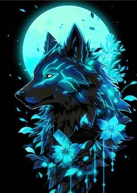 Glowing Wolf with Moon and Flowers