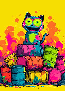 Colorful Cat on Barrels