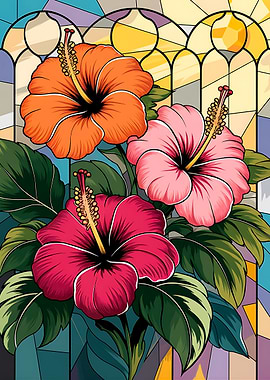 Hibiscus Flowers Stained Glass Style Art