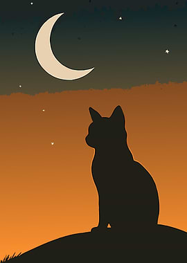 Cat Silhouette Under Crescent Moon