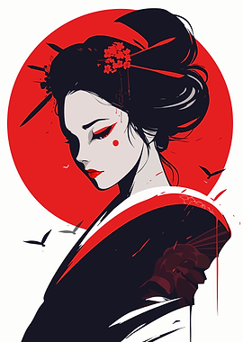 Japanese Geisha Portrait with Red Sun Minimalist Art Illustration