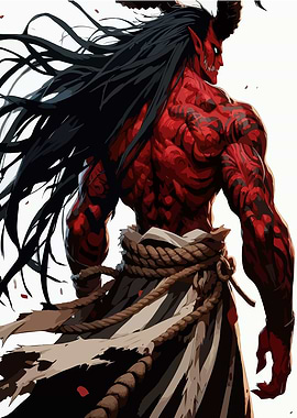 Muscular Red Oni with Black Hair