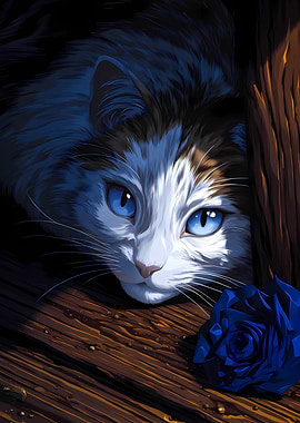 Blue-Eyed Cat with Blue Rose