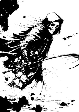 Grim Reaper with Flowers Black and White