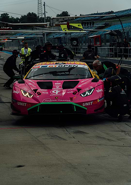 Pink Lamborghini Race Car Pit Stop