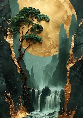 Golden Moon and Waterfall Landscape Art