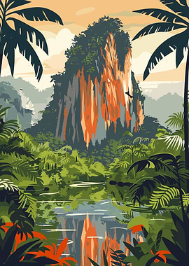Tropical Jungle Landscape with Mountain