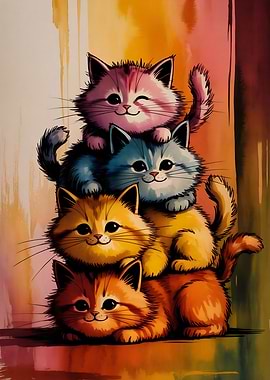 Stacked Watercolor Cats