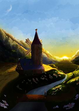 Windmill Landscape at Sunset