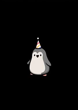 Penguin with Party Hat on Black