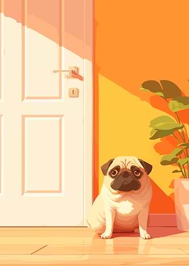 Cute Pug Sitting by Door with Plant Funny Minimalist Art Illustration
