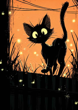 Black Cat and Fireflies Illustration