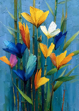 Colorful Flowers and Bamboo Painting